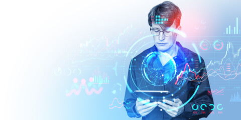 Businessman with device, global business data dashboard and financial analysis