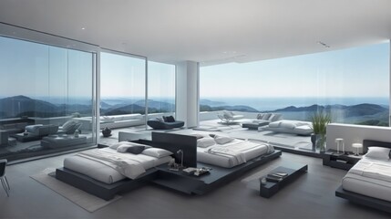 Multiple Bed Exterior Design Perspective of Modern Bedroom Overlooking the Mountains and Water. High Ceiling and High Glass Window Mid Century Minimalistic House