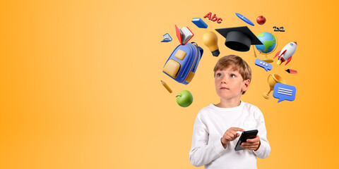 Boy finger touch smartphone on empty background, diverse education icons flying
