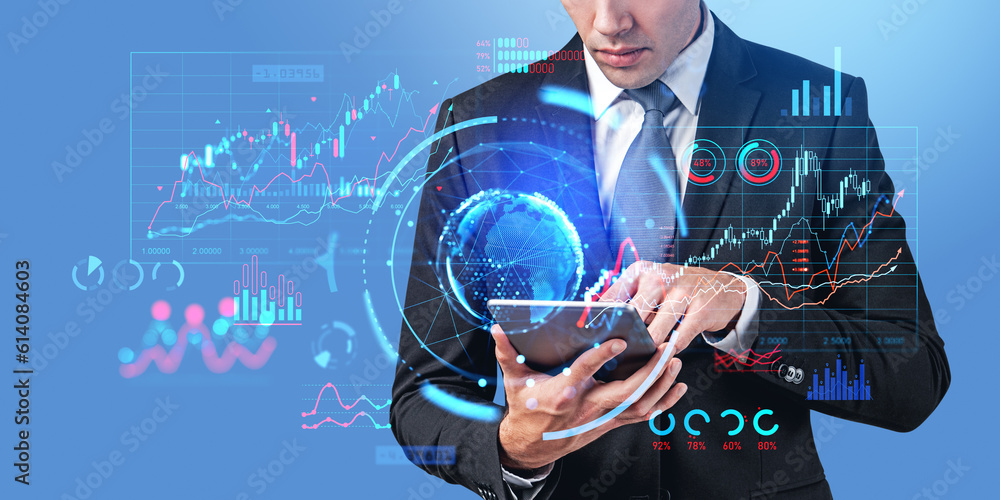 Poster man using tablet with planet hologram and financial graphs