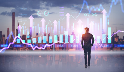 Businessman and New York Manhattan skyline, big business analysis and arrows