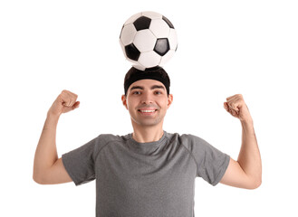 Naklejka premium Sporty young man with soccer ball on white background. Balance concept