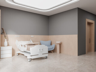 Modern hospital room interior with bed and minimalist decoration