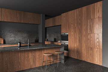 Gray and wooden kitchen corner with bar - obrazy, fototapety, plakaty