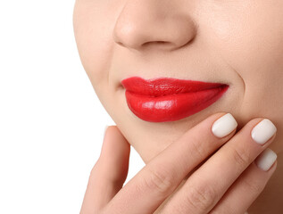 Naklejka premium Woman with red lips on white background, closeup