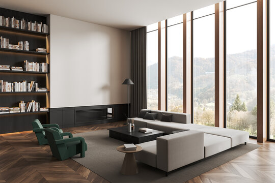 Cozy living room interior with couch and shelf with library, window. Mockup wall
