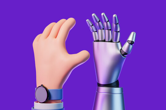Cartoon man and AI robot hand giving high five