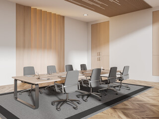 Stylish business room interior with board and armchairs, shelves and tools