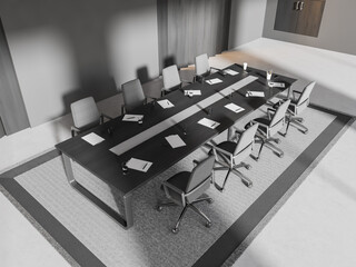 Top view of office room interior with meeting table, armchairs and shelves