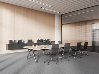 White and wooden meeting room corner with long table