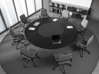 White and gray meeting room interior with round table, top view