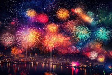 Fototapeta na wymiar Colorful New Year's fireworks illuminating the night sky in a vibrant celebration - Generative AI