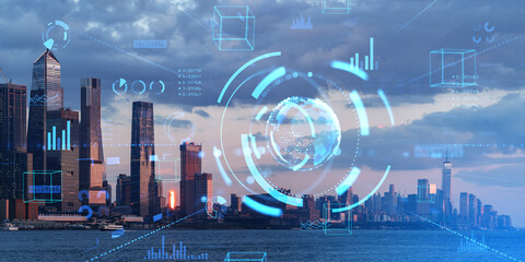 City panorama with network interface and planet hologram.New York