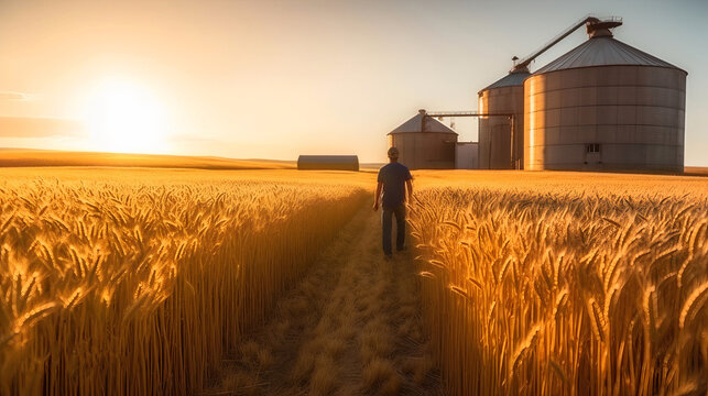 Fermier marchant dans un champ de blé, silo à grains au loin, vie rurale et l'agriculture