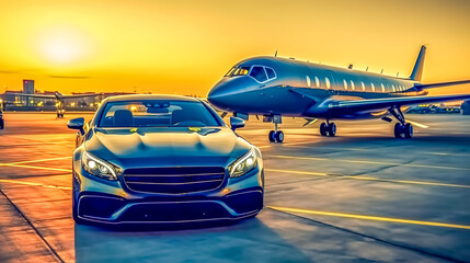 private luxury transport for rich vip people, limo and private jet, made with Generative AI - obrazy, fototapety, plakaty