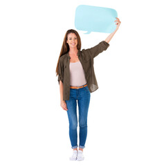 Social media, portrait and happy woman with speech bubble for opinion, info sign or brand...
