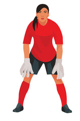 Asian women's football girl goalkeeper in red uniforms stands in goal and waits for the ball