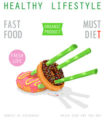 Healthy and unhealthy food. Asparagus stalks pierced donuts. Lifestyle concept the choice between fast food and healthy products. Vector poster