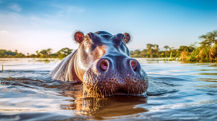 portrait of hippopotamus in water in nature, made with Generative AI - obrazy, fototapety, plakaty