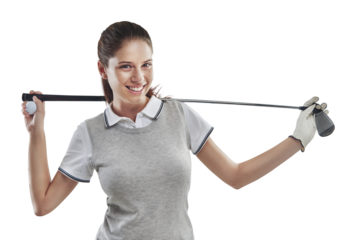 Golf club, happy and portrait of female athlete with a glove for sports tournament, game or competition. Fitness, professional and woman golfer with equipment isolated by a transparent png background