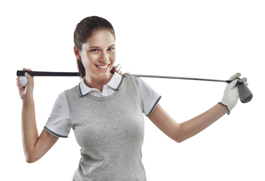 Golf club, happy and portrait of female athlete with a glove for sports tournament, game or competition. Fitness, professional and woman golfer with equipment isolated by a transparent png background