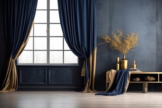 Modern luxury living room interior, dark navy blue colors, stylish decorated table, window with dark curtains, generative AI