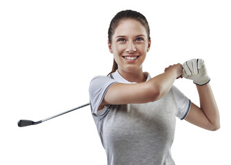 Competition, woman and playing with golf, swing and smile isolated against a transparent background. Female person, player and golfer with a club, exercise and training with health, wellness and png