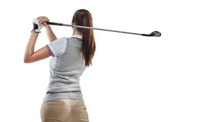 Back, golf and woman training, swing and model isolated on a transparent background. Female person, player or girl with a club, golfer and png with hobby, activity or wellness with health or exercise