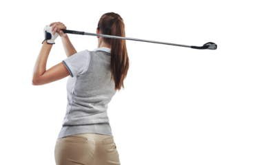Back, golf and woman training, swing and model isolated on a transparent background. Female person, player or girl with a club, golfer and png with hobby, activity or wellness with health or exercise