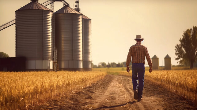 Fermier marchant dans un champ de blé, silo à grains au loin, vie rurale et l'agriculture