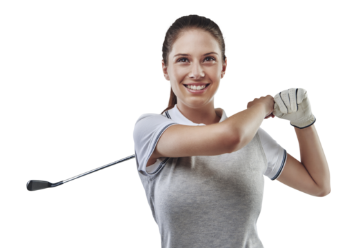 Competition, woman and playing with golf, swing and smile isolated against a transparent background. Female person, player and golfer with a club, exercise and training with health, wellness and png