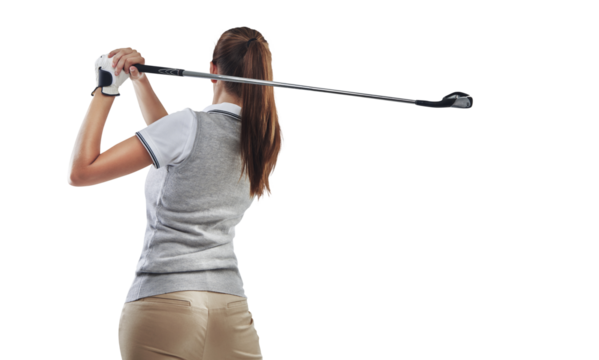 Back, golf and woman training, swing and model isolated on a transparent background. Female person, player or girl with a club, golfer and png with hobby, activity or wellness with health or exercise