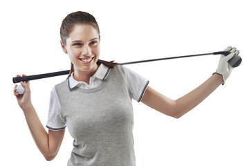 Golf club, sports and young female athlete thinking about a tournament, game or competition. Happy,...