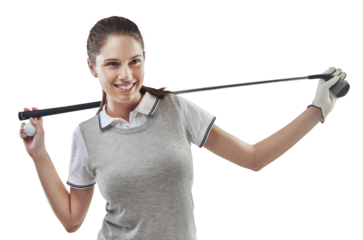 Golf club, sports and young female athlete thinking about a tournament, game or competition. Happy, smile and professional woman golfer posing with equipment isolated by a transparent png background.