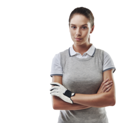 Golf, sports and arms crossed with portrait of woman on transparent background for fitness, competition and game. Hobby, championship and exercise with person isolated on png for golfer and athlete