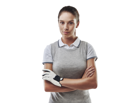 Golf, sports and arms crossed with portrait of woman on transparent background for fitness, competition and game. Hobby, championship and exercise with person isolated on png for golfer and athlete