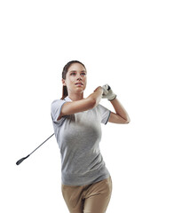 Sport, swing and a woman with golf club for golfing competition, training or game. Professional...