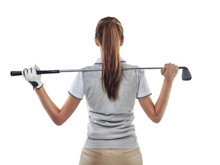 Back, golf club and woman with fitness, competition and athlete isolated against a transparent...