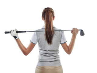 Back, golf club and woman with fitness, competition and athlete isolated against a transparent background. Female person, golfer and player with a hobby, game and training with png and workout