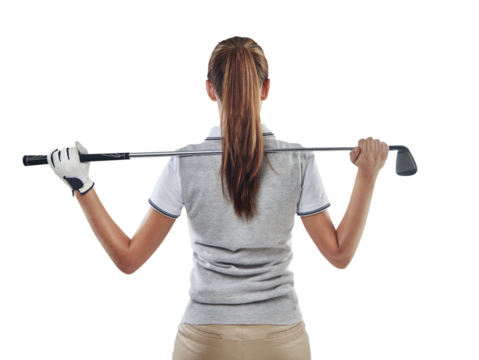 Back, golf club and woman with fitness, competition and athlete isolated against a transparent background. Female person, golfer and player with a hobby, game and training with png and workout - Powered by Adobe