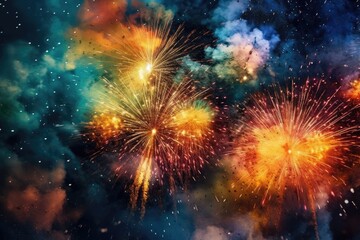 Fototapeta premium Explosive bursts of light and color during a dazzling New Year's fireworks extravaganza - Generative AI