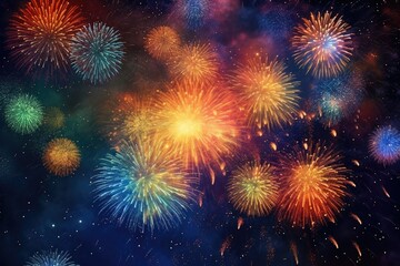 Fototapeta premium Explosive bursts of light and color during a dazzling New Year's fireworks extravaganza - Generative AI