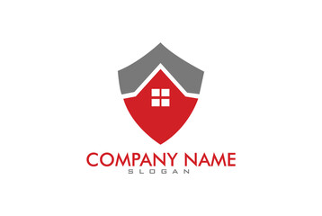 Home Protect logo design template. Vector shield and house logotype illustration. Graphic home security icon label. Real Estate logo. Security sign badge isolated on white background