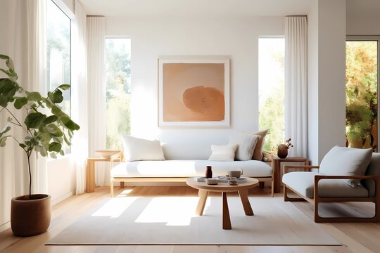 image of a minimalist living room with clean lines, neutral palette, and abundant natural light, simplicity, serenity, harmonious design, mindful living, airy atmosphere