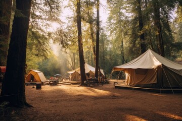 picturesque campsite nestled among towering trees, with a crackling campfire, cozy tents, and the soothing sounds of nature, offering a serene escape from the hustle - Generative AI