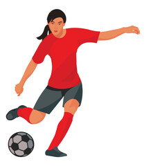 Fototapeta na wymiar Chinese women's football girl player in a red sports uniform going to kick the ball with her foot