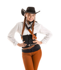 Young cowgirl on white background