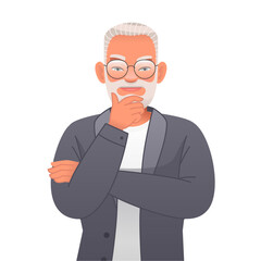 Bearded elderly man with glasses is thinking about something. Old gray-haired successful confident grandfather suspects something.