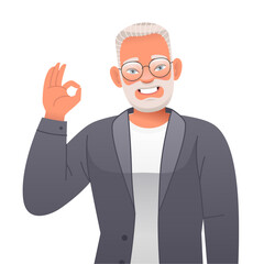 Smiling happy elderly bearded man in glasses shows ok gesture. Old gray-haired successful confident grandfather.