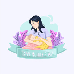 Vector illustration of new mother giving birth holding baby by hand. Happy Mother's Day Greeting Card.